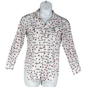 Karl Lagerfeld Paris XS White Blouse Red Heart Script Button Up Roll Tab Sleeve